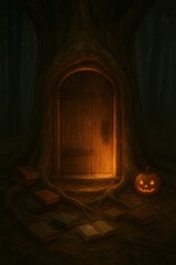 Mysterious Tree Door with Books