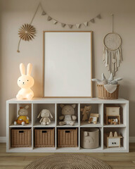 Cozy Nursery Decor with Blank Frame Perfect for Personalization Displaying a Range of Stuffed Animals and Decorative Items in Neutral Tones Creating a Warm and Inviting Atmosphere