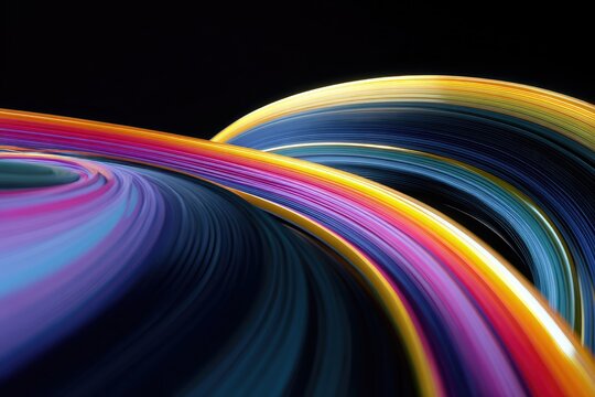 Swirling colorful ribbons flow against a dark backdrop, creating an abstract visual