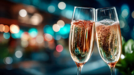 Two glasses of champagne clinking together in celebration at a festive evening gathering