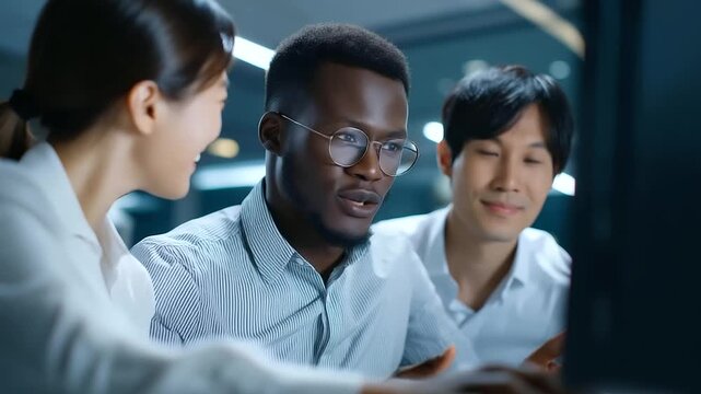 Cinematic footage of a diverse software engineering team collaboratively testing mobile apps with Chinese IT frameworks, highlighting global corporate teamwork.