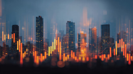 Fototapeta premium Futuristic skyline with glowing finance chart overlay represents business growth and innovation in modern cityscape at dusk