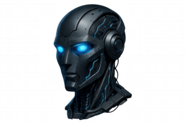 Cybernetic robot head with luminous blue eyes on transparent background, representing artificial intelligence and future technology