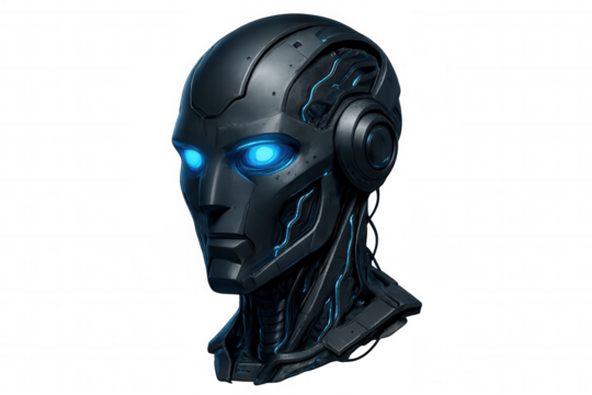 Cybernetic robot head with luminous blue eyes on transparent background, representing artificial intelligence and future technology
