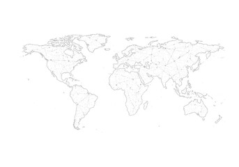 A light gray world map outline featuring continents coastlines and scattered dots against a stark white background