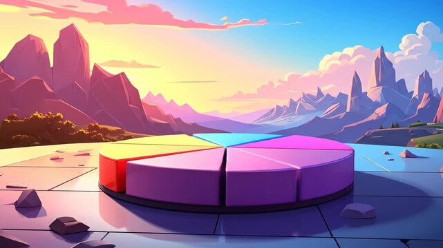 Colorful Pie Chart on a Futuristic Landscape with Mountainous Background