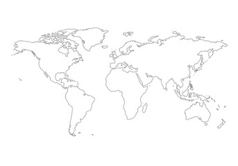 A lightgray world map outline featuring continents islands and coastlines Its centered  isolated on a plain background