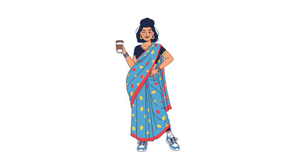 Indian woman wearing a blue sari and holding coffee cup, image diversity concept, image diversity concept  