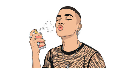 Young person applying spray and enjoying the moment in bold attire, image diversity concept  