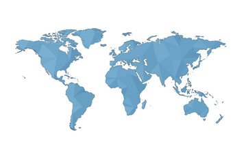 A polygonal world map rendered in light blue stands out against a white backdrop