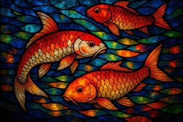 Stained Glass Artwork of Koi Carps
