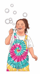 Happy girl blowing bubbles while wearing colorful tie-dye overalls, image diversity concept  