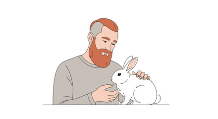 Man with red beard gently petting white rabbit in simple illustration, image diversity concept  