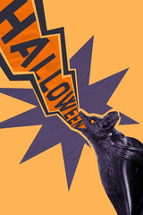 Vertical trendy art image collage of wild black bat scream halloween occasion autumn spooky season traditional holiday horror