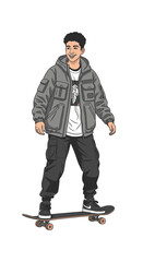 Young man skateboarding and smiling while wearing casual outfit, image diversity concept  