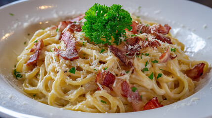 Eat Pasta Carbonara Italian. Spaghetti,cream,Parmesan. Italian Carbonara Pasta Cuisine In Restaurant. Mediterranean food Pasta. Dinner Recipe Spaghetti Creamy Bacon Sauce. Italian Pasta Carbonara Food