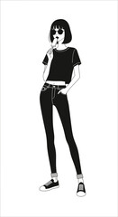 Stylish woman standing with a lollipop in casual black outfit, image diversity concept  