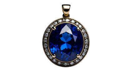 Gold pendant with a large, blue gemstone and surrounding diamonds