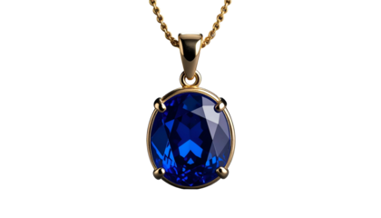 Elegant sapphire pendant with gold chain, displayed against a black background