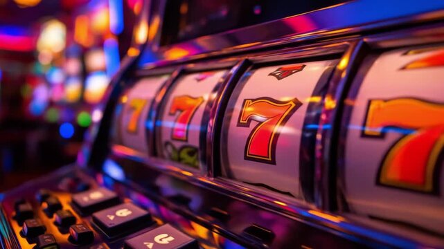 Close-up view of a vibrant slot machine with spinning reels featuring lucky sevens in a bustling casino
