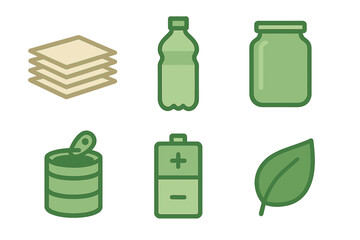 Collection of common recyclable materials including paper, plastic, glass, metal, and battery with a green leaf symbol