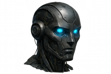 Advanced ai bot head featuring glowing blue eyes, artificial intelligence, and robotic technology on transparent background