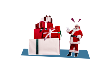 Composite trend artwork sketch collage of merry christmas new year holiday celebration aged man santa claus hat finger point pile present