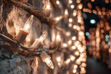 Close up shot of string lights on a stone wall, creating soft glow. Bokeh effect in background