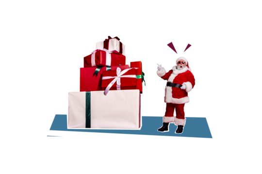 Composite trend artwork sketch collage of merry christmas new year holiday celebration aged man santa claus hat finger point pile present