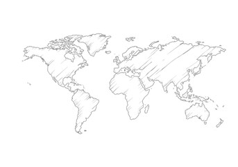 A sketchstyle world map with landmasses outlined in gray on a white background