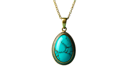 Gold necklace with teardrop turquoise pendant, against black background