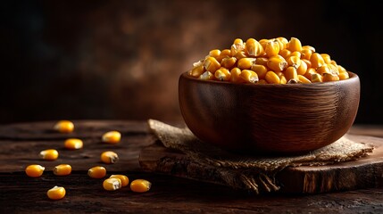 Harvesting golden corn kernels in a rustic bowl kitchen table setting food photography warm atmosphere
