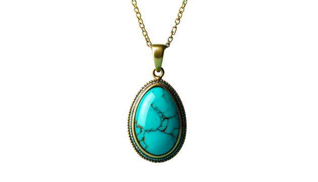 Gold necklace with teardrop turquoise pendant, against black background
