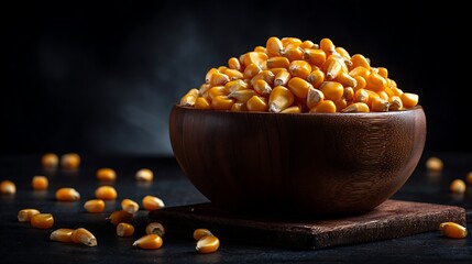 Harvesting golden corn kernels in a rustic bowl food photography dark background close-up view natural beauty