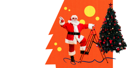 Composite trend artwork image 3D photo collage of newyear merry christmas holiday winter aged man santa claus decor eve tree ladder toy