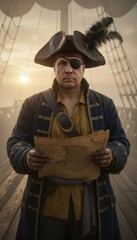 Pirate holding treasure map on ship deck at sunset  