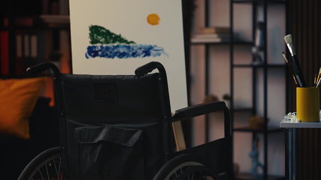 Manual wheelchair standing near easel with canvas in empty art class, hobby