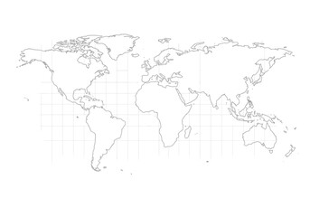A world map outline on a grid showing continents and islands in a simplified line drawing © firman