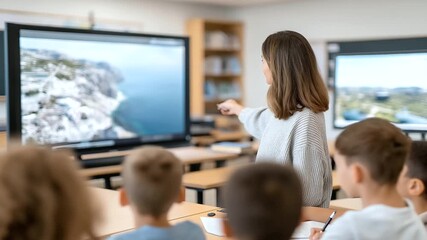Explore the future of education with cinematic footage of a teacher showcasing Chinese digital innovations to a diverse classroom using interactive displays. - Powered by Adobe