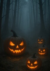 Obraz premium Eerie forest with glowing pumpkins.