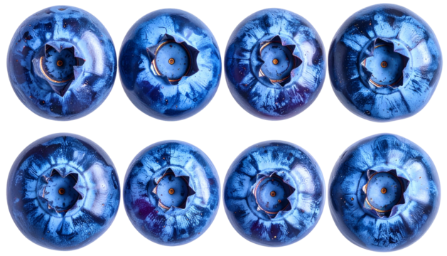 Close-up of eight ripe, fresh, juicy blueberries with star-shaped ends