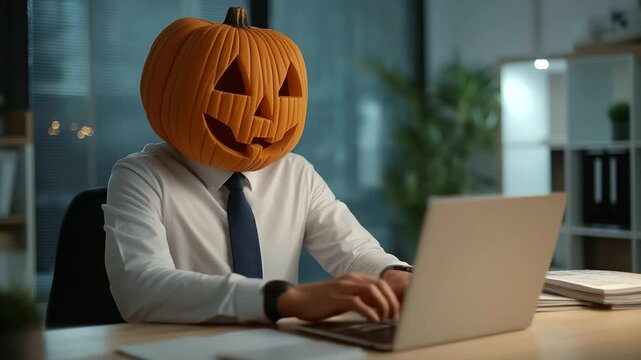 Cinematic stock video of an office employee in a playful pumpkin head costume typing on a laptop, blending festive holiday spirit with a professional workspace.