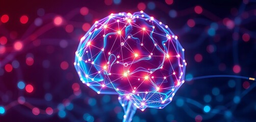 Abstract glowing network nodes forming a brain shape,  futuristic,  artificial