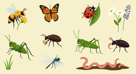 Collection of cartoon insects earthworms and flowers on a pale yellow background