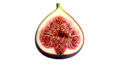 Half-cut fig reveals vibrant, seeded flesh against black