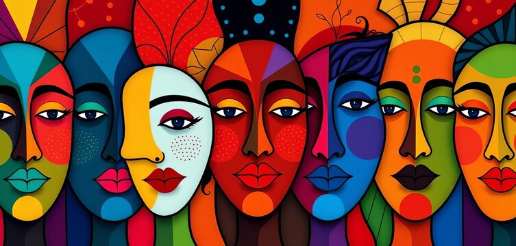 Abstract colorful faces, diverse expressions, geometric shapes, vibrant hues,  abstract,  design