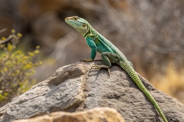 Fototapeta premium Green and Blue Lizard Perched on a Textured Rock Outdoors