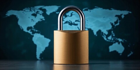 Golden padlock stands prominently against a world map backdrop, symbolizing global security and protection of information.