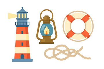 Naklejka premium Collection of nautical marine elements featuring a striped lighthouse, old fashioned lantern, lifebuoy, and rope knot