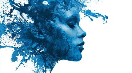 abstract woman with splashing blue color isolatedon white background
